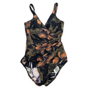 Miraclesuit Faux Wrap One Piece Swimsuit‎ Black Floral Leaves Size 10